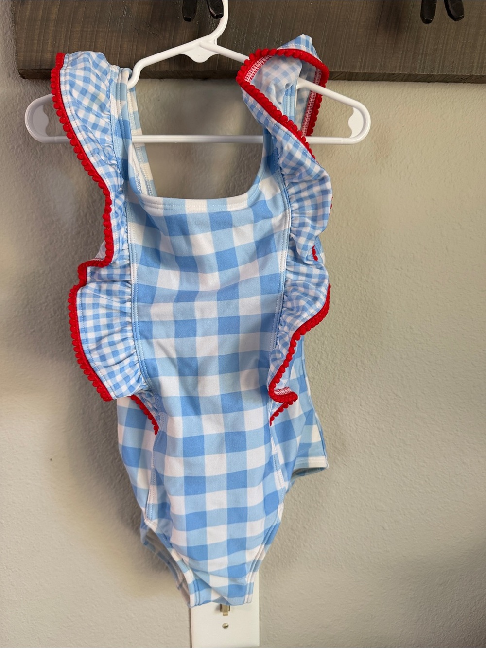 Cat & Jack Blue Gingham Ruffle Kids Swimsuit with Red Trim